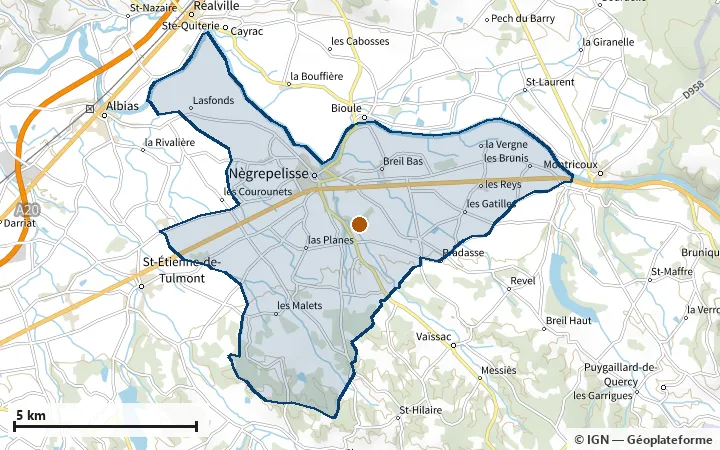 Plan de Nègrepelisse, avec les limites de la zone et son centre