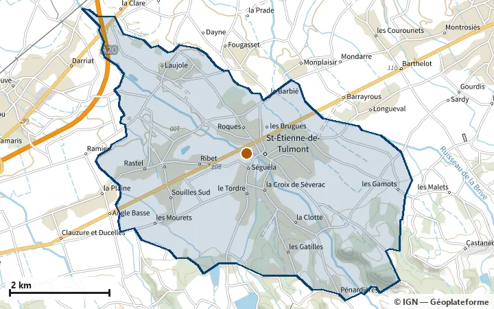 Plan de Saint-Étienne-de-Tulmont, avec les limites de la zone et son centre
