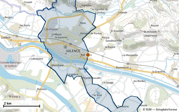 Plan de Valence, avec les limites de la zone et son centre