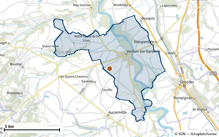 Plan de Verdun-sur-Garonne, avec les limites de la zone et son centre