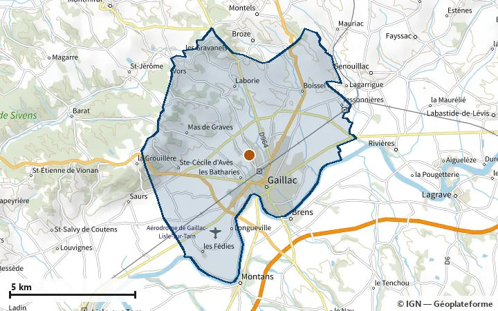 Plan de Gaillac, avec les limites de la zone et son centre