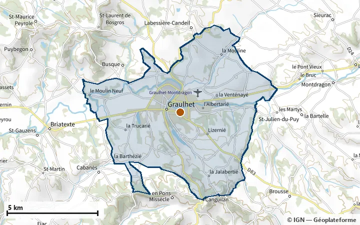 Plan de Graulhet, avec les limites de la zone et son centre