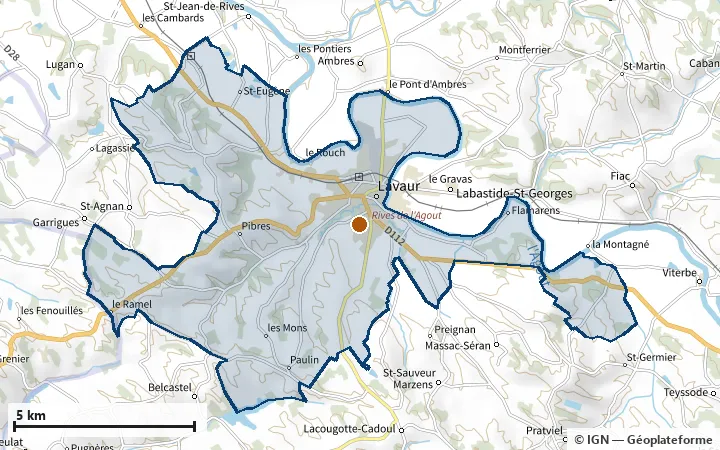 Plan de Lavaur, avec les limites de la zone et son centre