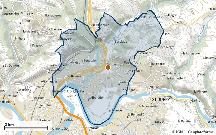 Plan de Lescure-d'Albigeois, avec les limites de la zone et son centre