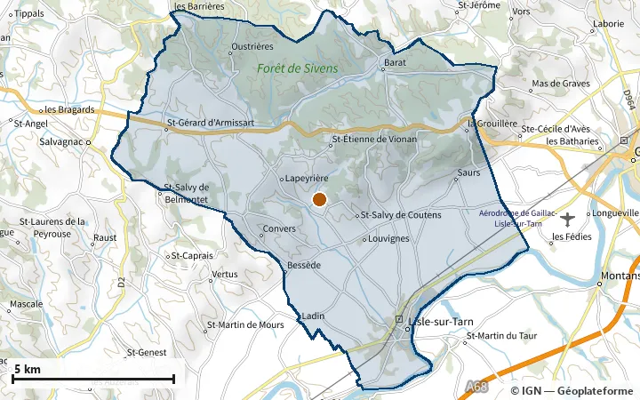 Plan de Lisle-sur-Tarn, avec les limites de la zone et son centre