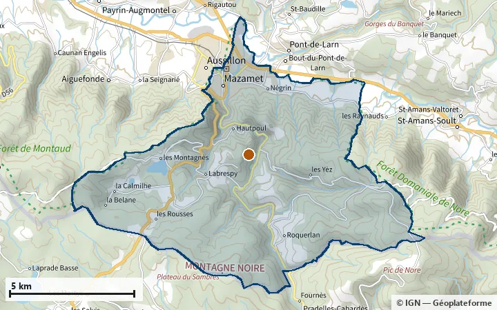 Plan de Mazamet, avec les limites de la zone et son centre