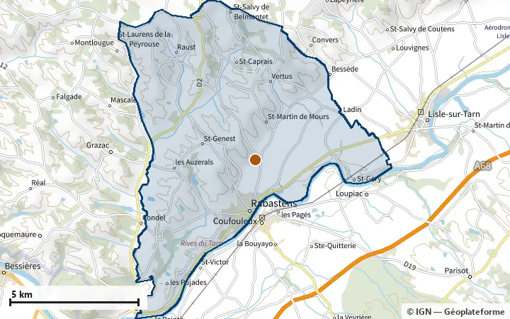 Plan de Rabastens, avec les limites de la zone et son centre