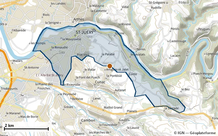 Plan de Saint-Juéry, avec les limites de la zone et son centre