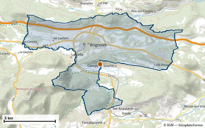 Plan de Brignoles, avec les limites de la zone et son centre