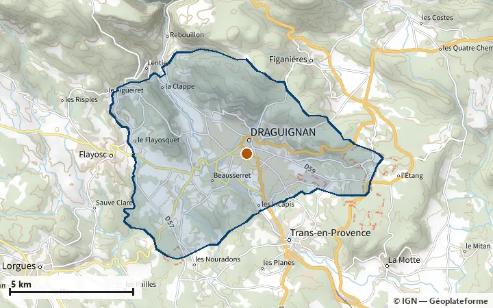 Plan de Draguignan, avec les limites de la zone et son centre