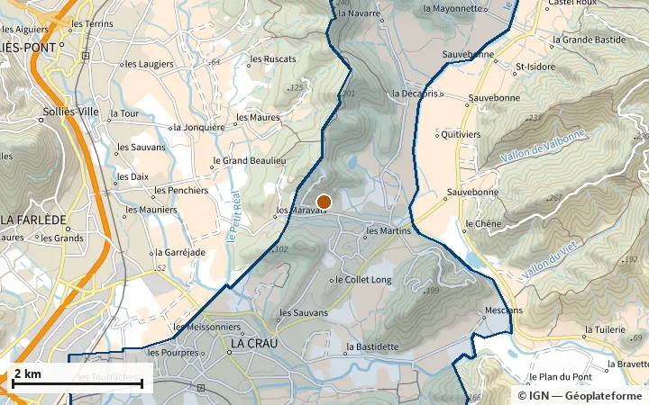 Plan de La Crau, avec les limites de la zone et son centre