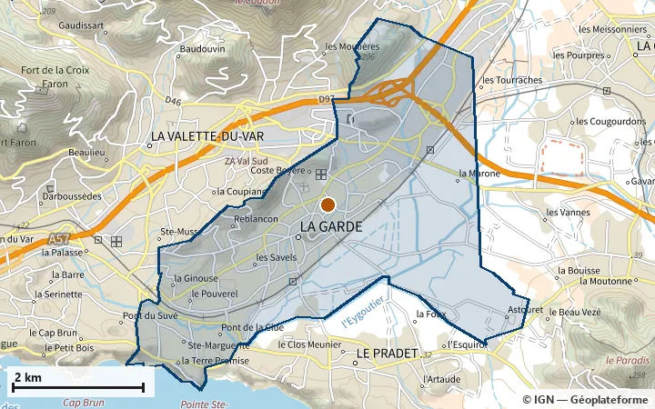 Plan de La Garde, avec les limites de la zone et son centre