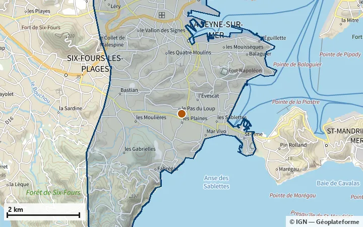 Plan de La Seyne-sur-Mer, avec les limites de la zone et son centre