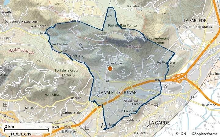 Plan de La Valette-du-Var, avec les limites de la zone et son centre