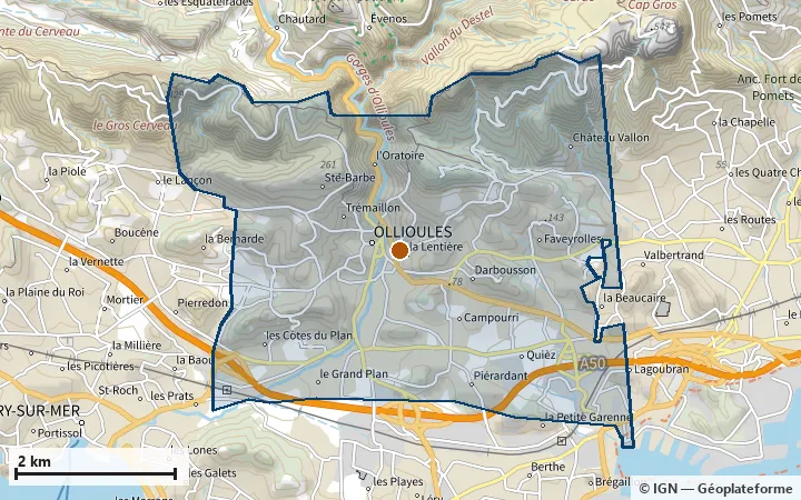 Plan d'Ollioules, avec les limites de la zone et son centre
