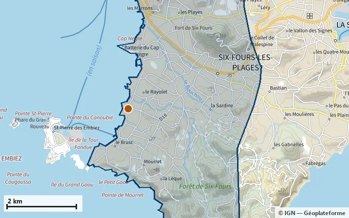 Plan de Six-Fours-les-Plages, avec les limites de la zone et son centre