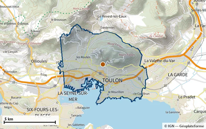 Plan de Toulon, avec les limites de la zone et son centre