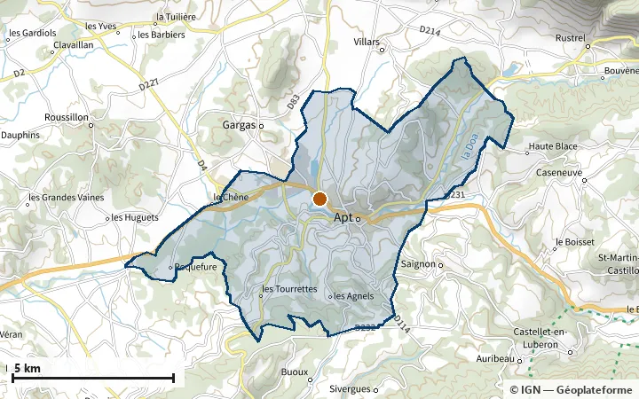 Plan d'Apt, avec les limites de la zone et son centre