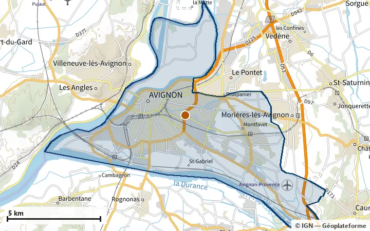 Plan d'Avignon, avec les limites de la zone et son centre
