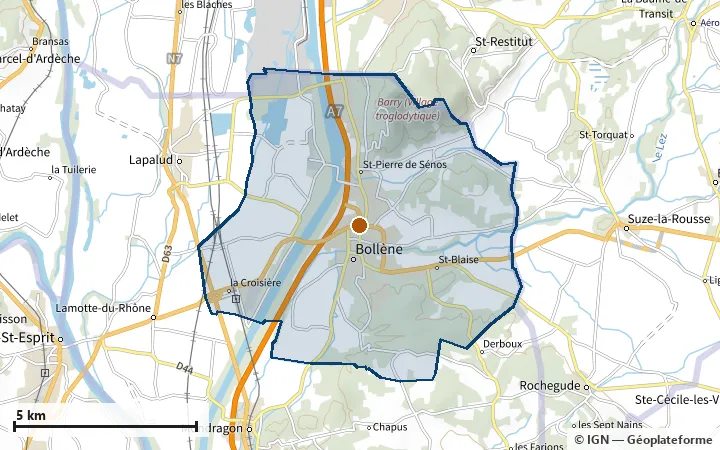 Plan de Bollène, avec les limites de la zone et son centre