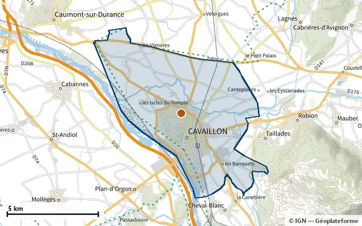Plan de Cavaillon, avec les limites de la zone et son centre
