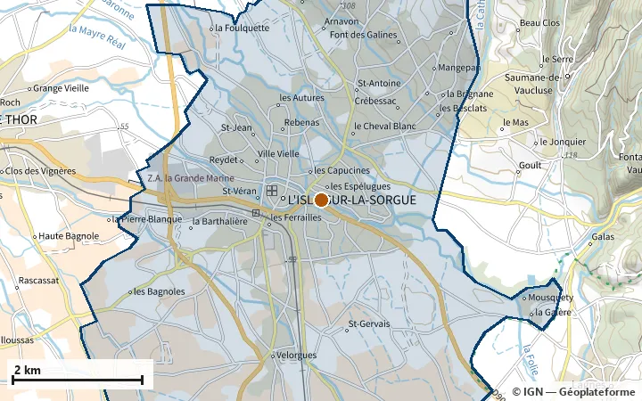 Plan de L'Isle-sur-la-Sorgue, avec les limites de la zone et son centre