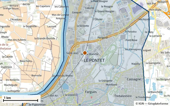 Plan du Pontet, avec les limites de la zone et son centre