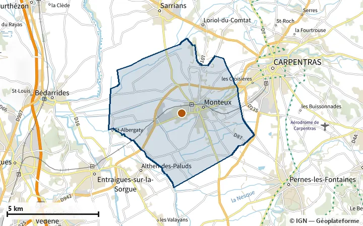 Plan de Monteux, avec les limites de la zone et son centre