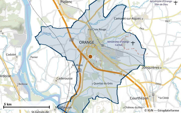 Plan d'Orange, avec les limites de la zone et son centre