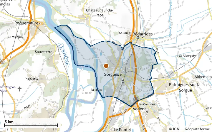 Plan de Sorgues, avec les limites de la zone et son centre