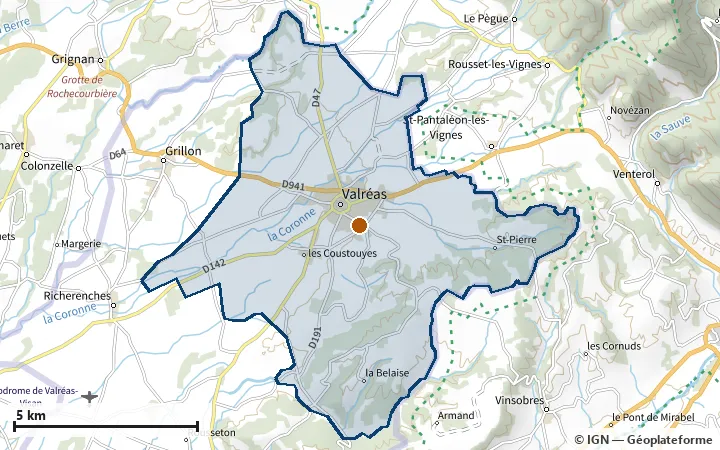 Plan de Valréas, avec les limites de la zone et son centre