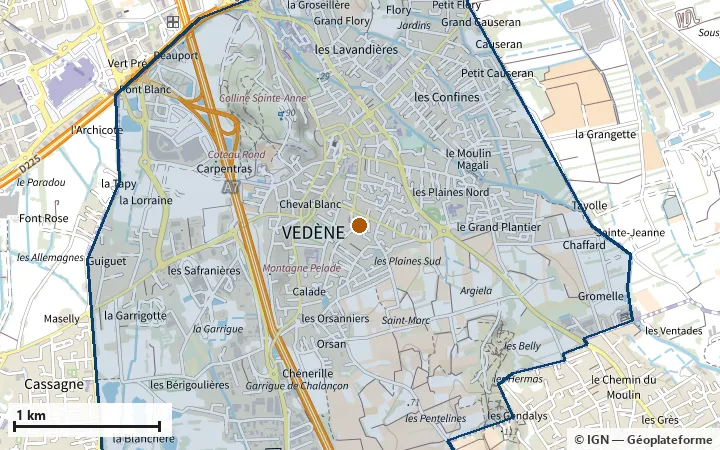 Plan de Vedène, avec les limites de la zone et son centre