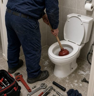 Débouchage d'une cuvette de WC à la ventouse, outils de plomberie au sol