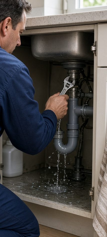 Reprise d'un siphon d'évier qui fuit, sous un meuble de cuisine